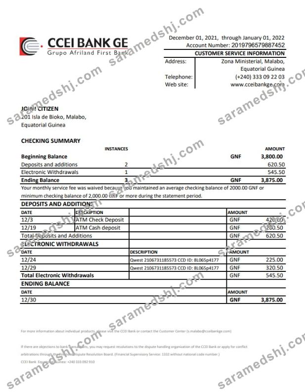 Equatorial Guinea CCEI Bank statement Excel and PDF template